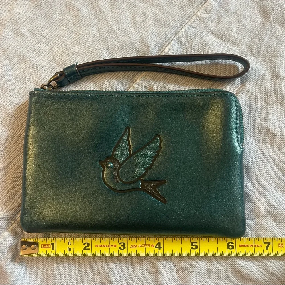 Coach | Metallic Dark Teal Leather Glitter Sparrow Bird | Zip Wristlet